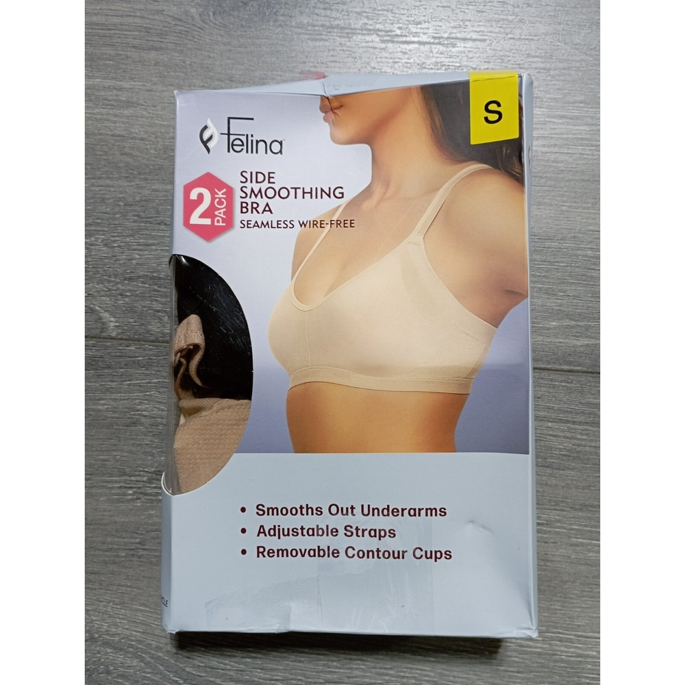 Felina 2 Pack Side Smoothing Bra Black Nude Seamless Wire-Free Small C4591V2